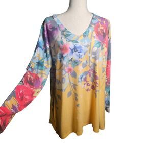 Soft Surroundings Lightweight Floral Yellow V-neck Sweater Large